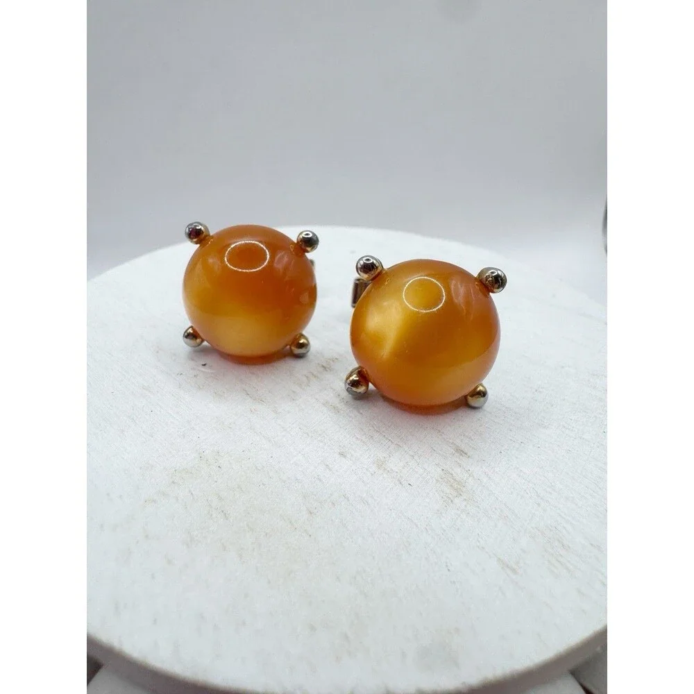 Vtg Orange Moon glow Thermoset Cabochon Round Cufflinks Menswear MCM Mid Century